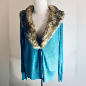 CAbi Blue Cardigan with Faux Fur Collar